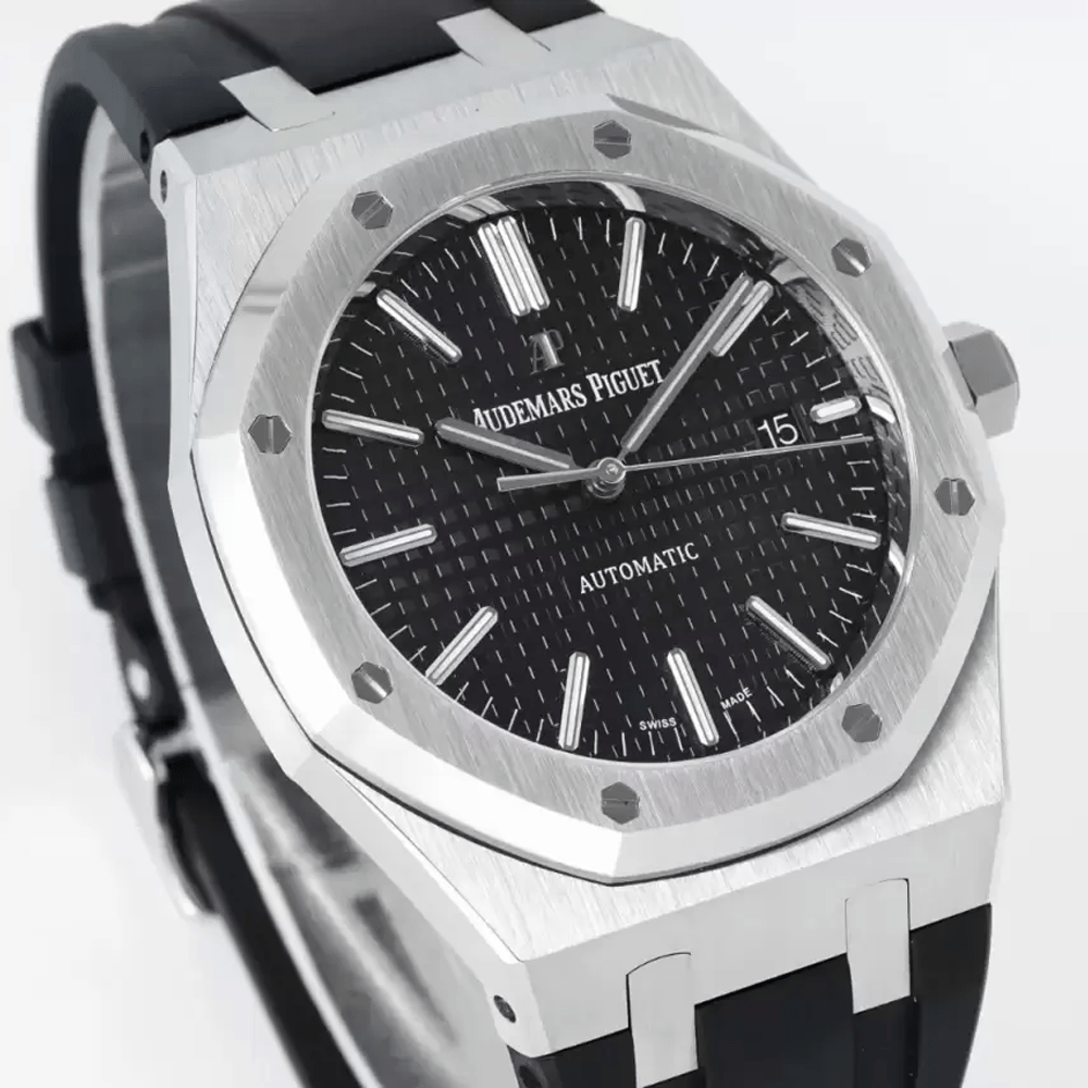 오데마피게 로얄오크 블랙 텍스처 다이얼 SS 블랙 러버 스트랩 41mm V3 15400