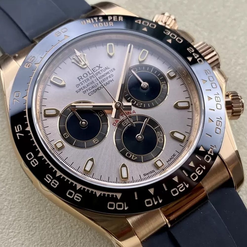 롤렉스 데이토나 크로노그래프 샴페인실버 다이얼 바인덱스 로즈골드 러버밴드 40mm 116515