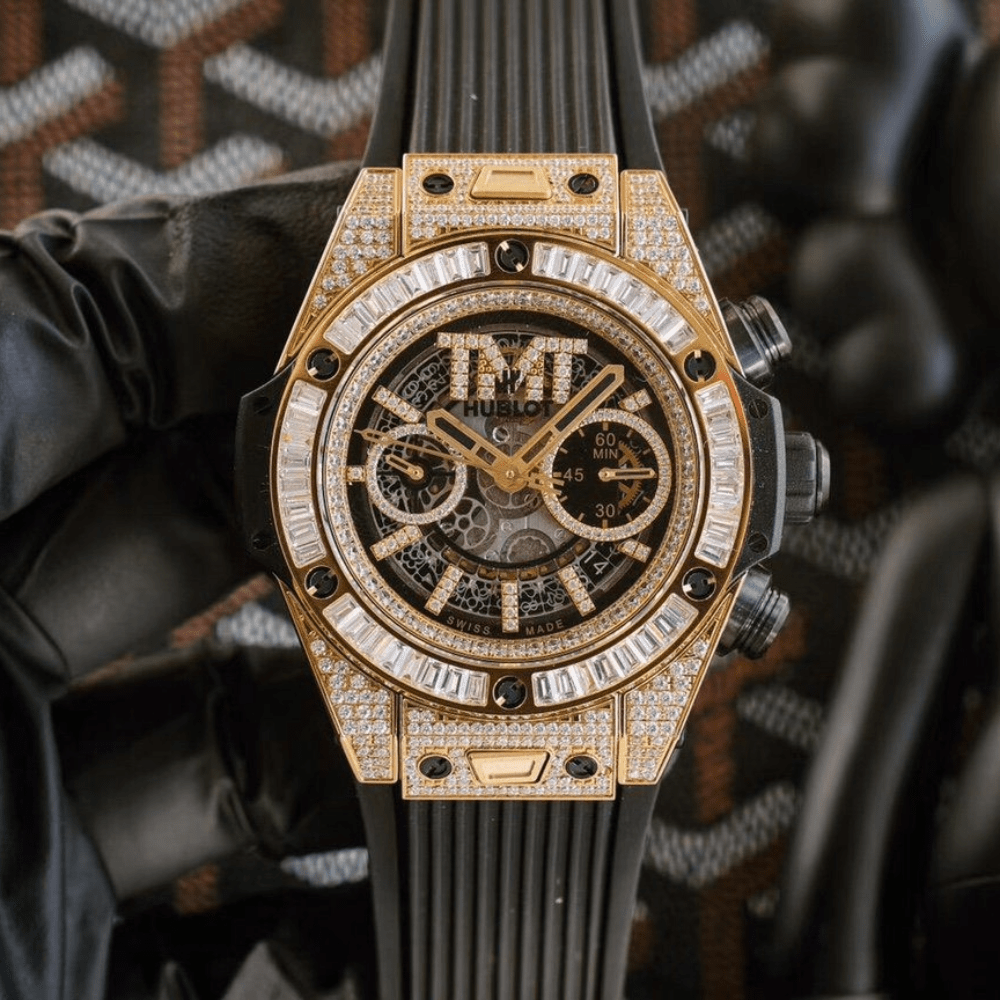 위블로 빅뱅 유니코 TMT 풀다이아 스켈레톤 다이얼 옐로우골드 러버 스트랩 45.5mm 441.OX.9910.LR.0999