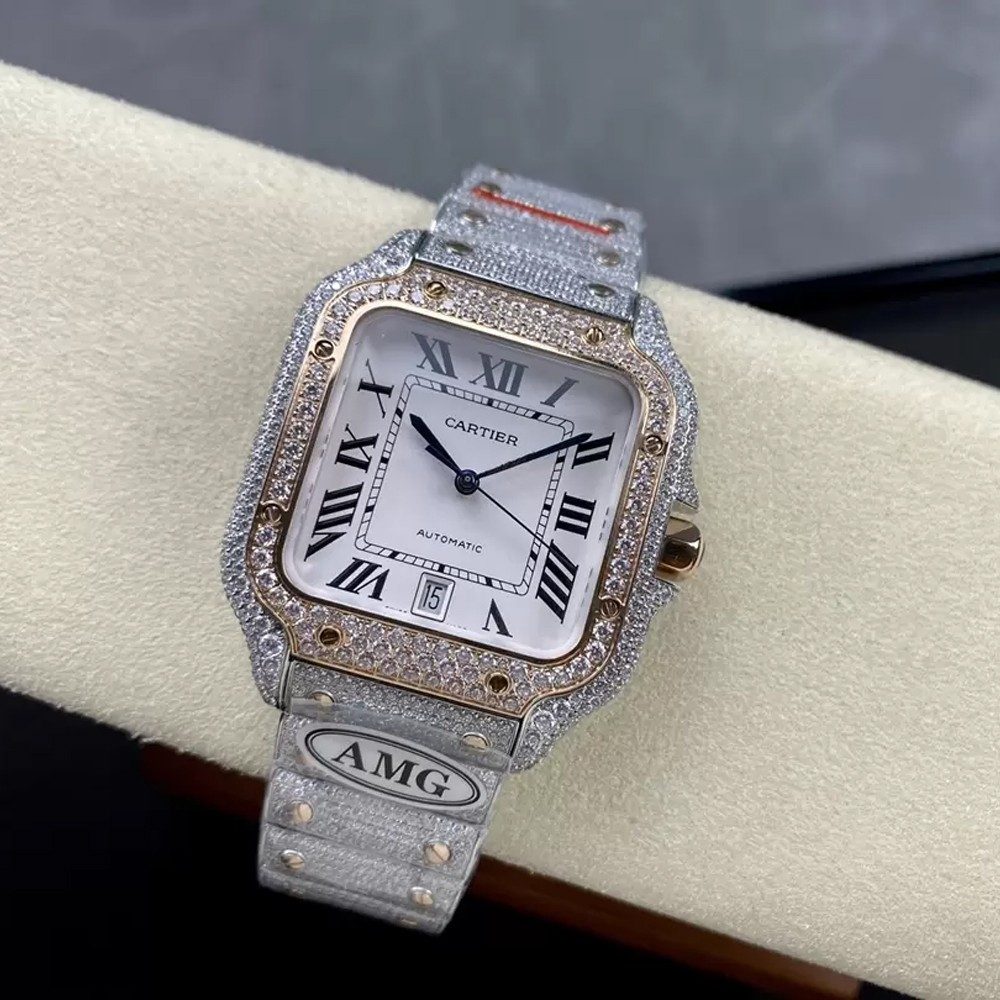 까르띠에 산토스 버스트다운 화이트 다이얼 로즈골드 콤비 40mm