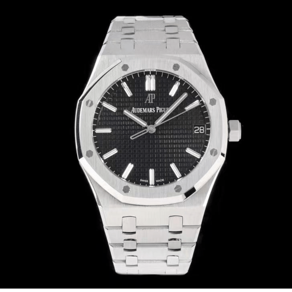 오데마피게 로얄오크 블랙 텍스처 다이얼 스틸 SS 브레이슬릿 V2 41mm 15500ST
