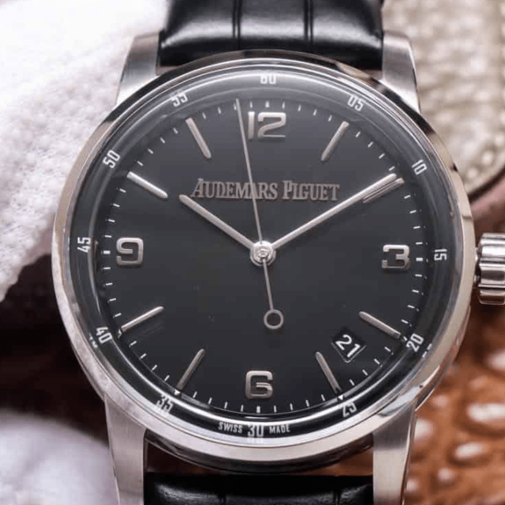 오데마피게 CODE 11.59 블랙 다이얼 스틸 블랙 가죽 스트랩 41mm 15210BC