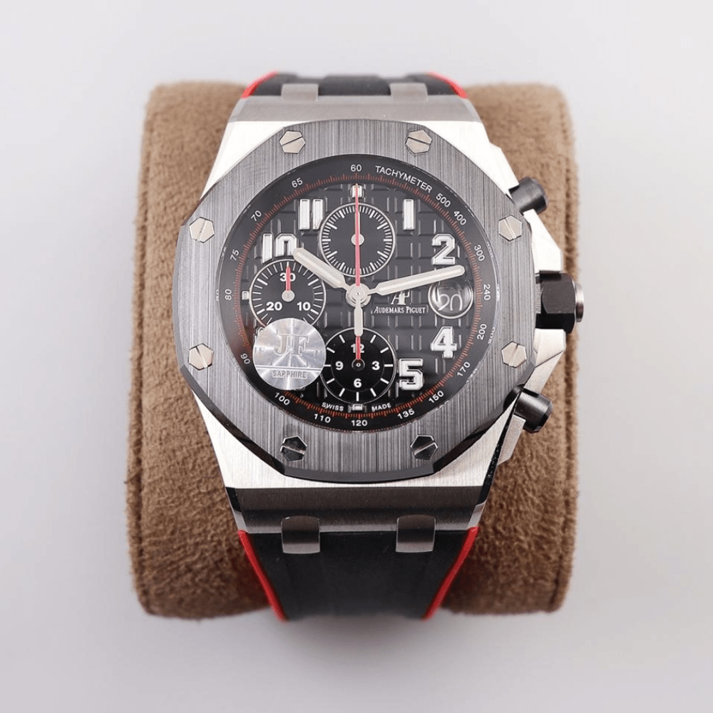 오데마피게 로얄오크 오프쇼어 블랙 다이얼 스틸 뱀파이어 러버 스트랩 42mm 26470ST