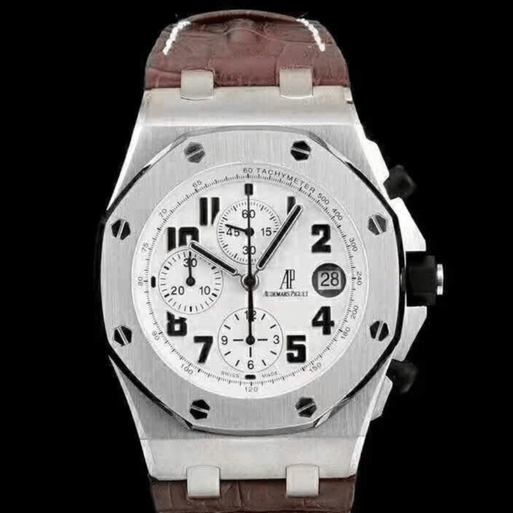 오데마피게 로얄오크 오프쇼어 화이트 다이얼 스틸 브라운 가죽스트랩 42mm 26170ST