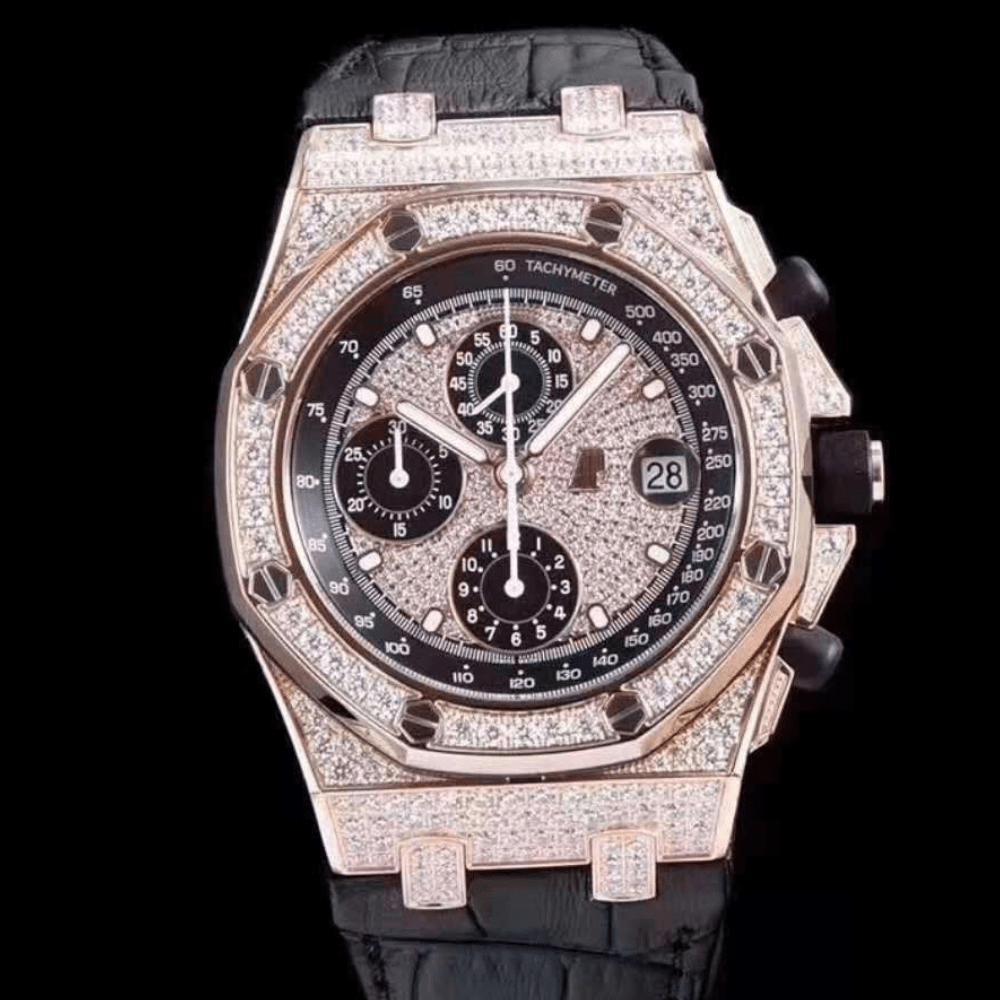 오데마피게 로얄오크 로즈골드 풀다이아 블랙 가죽 스트랩 42mm 26067