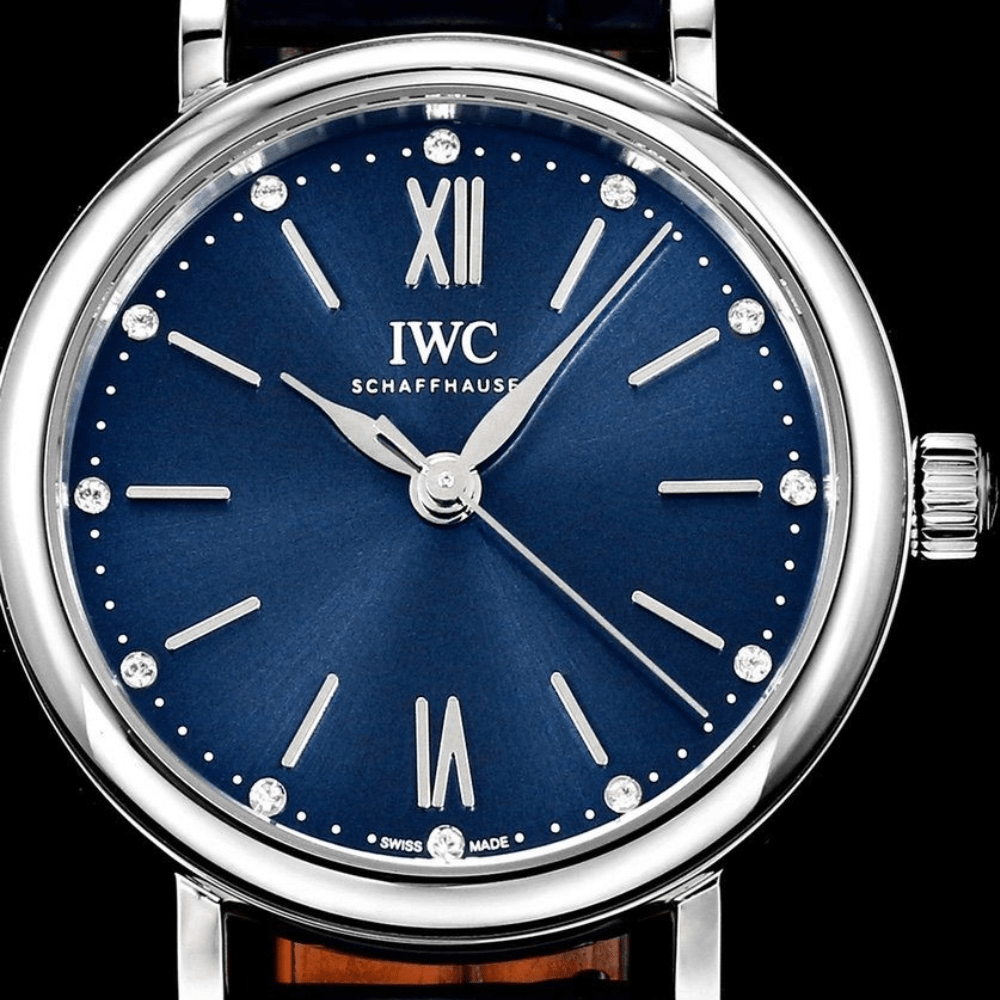 IWC 포르토피노 레이디 실버 블루 다이얼 레더 스트랩 34mm IW357404