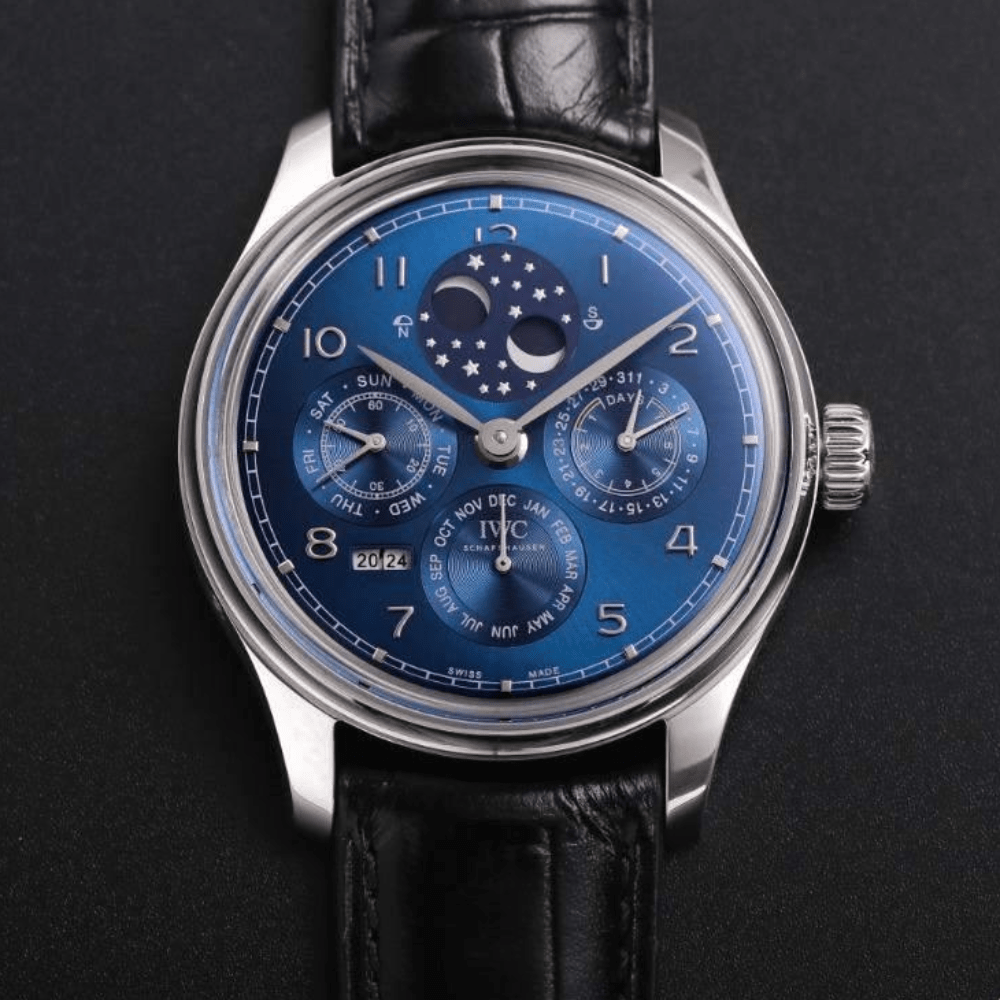 IWC 포르투기저 퍼페츄얼 문페이즈 애뉴얼 캘린더 블루 다이얼 레더 스트랩 41mm IW503401