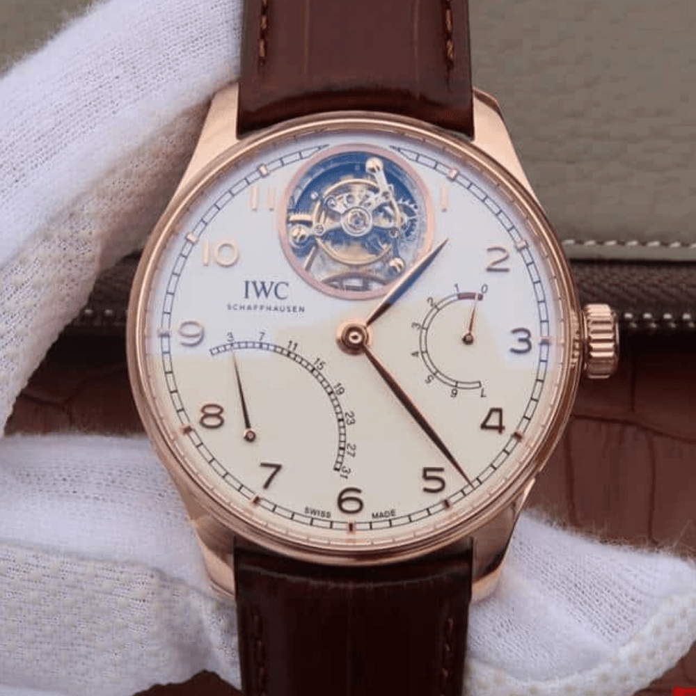 IWC 포르투기저 투르비옹 로즈골드 화이트 다이얼 레더 스트랩 44.2mm IW504401