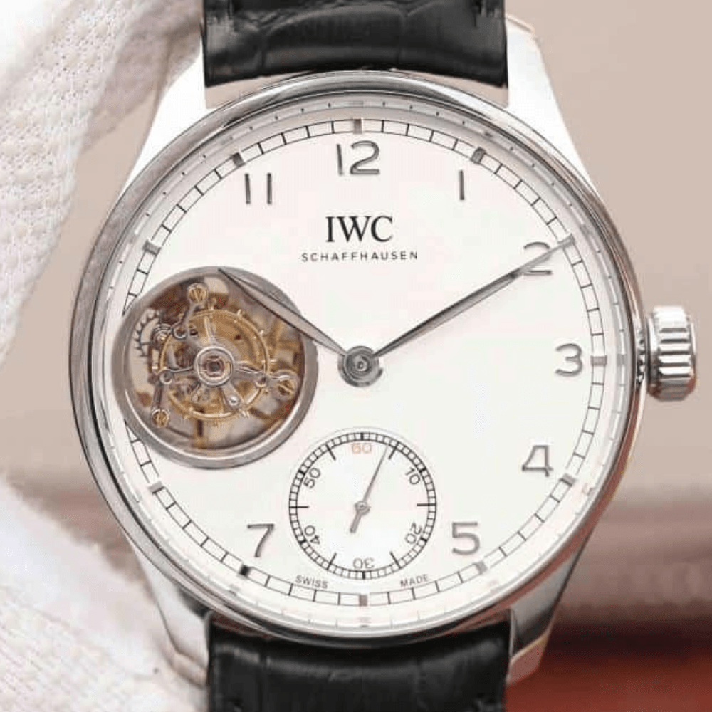 IWC 포르투기저 투르비옹 오토매틱 스틸 화이트 다이얼 레더 스트랩 42mm IW546302
