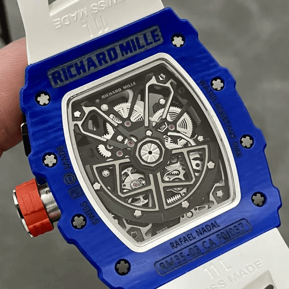 리차드밀 라파엘 나달 블루 카본 스켈레톤 다이얼 화이트 러버 스트랩 RM35-03