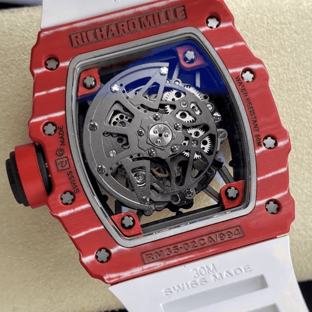 리차드밀 라파엘 나달 레드 카본 스켈레톤 다이얼 화이트 러버 스트랩 RM35-02