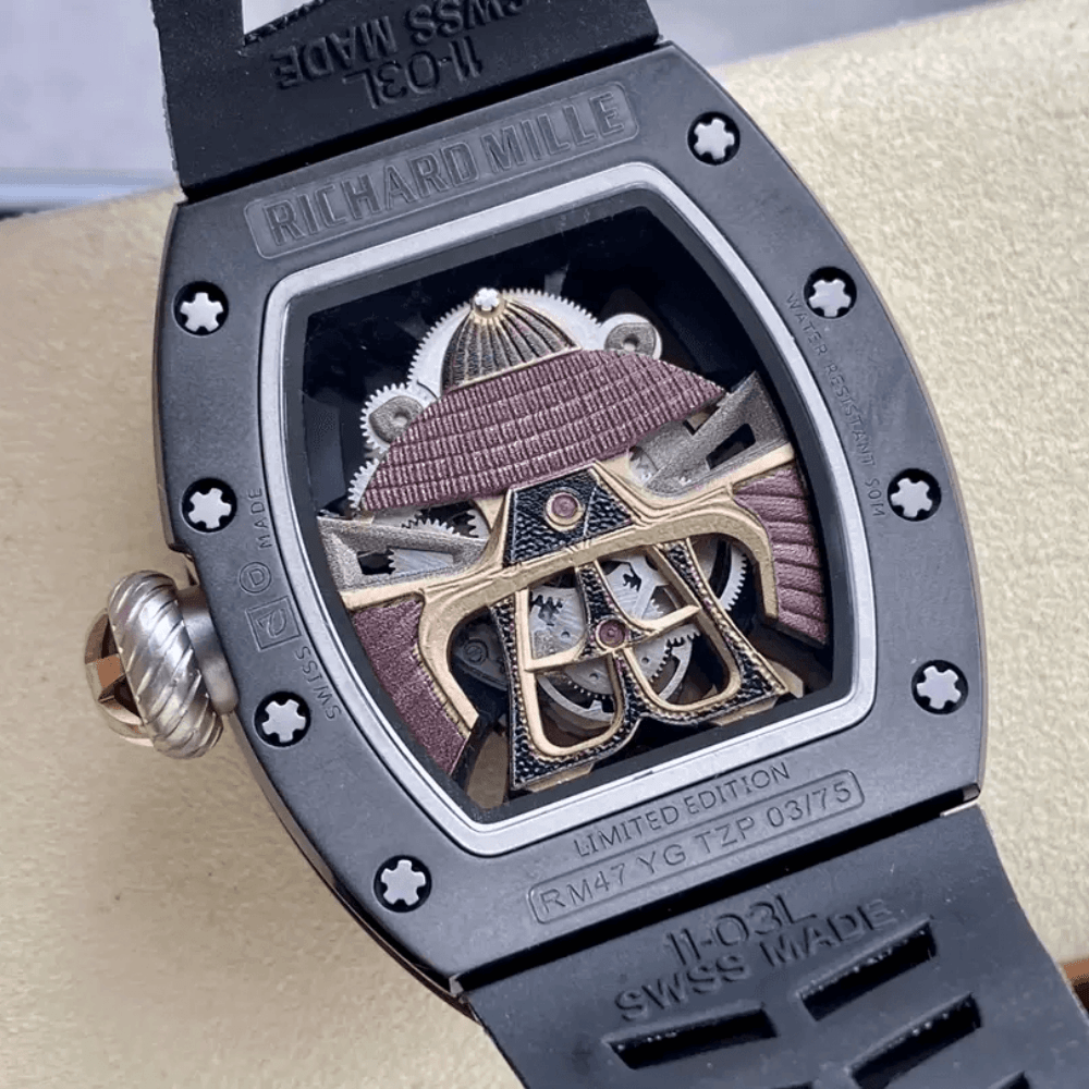 리차드밀 스켈레톤 사무라이 다이얼 사파이어 블랙 케이스 블랙 러버 스트랩 RM47