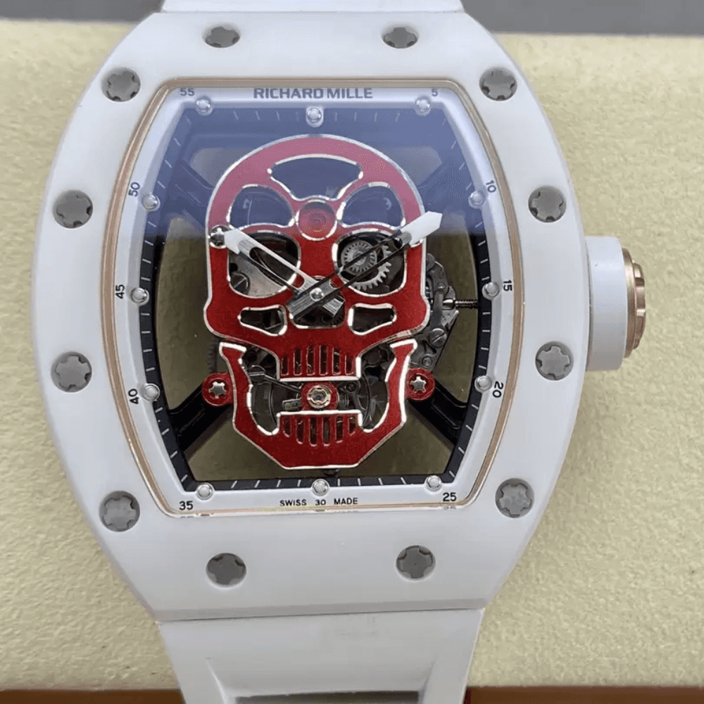 리차드밀 투르비옹 화이트 세라믹 스컬 다이얼 화이트 러버 스트랩 RM052