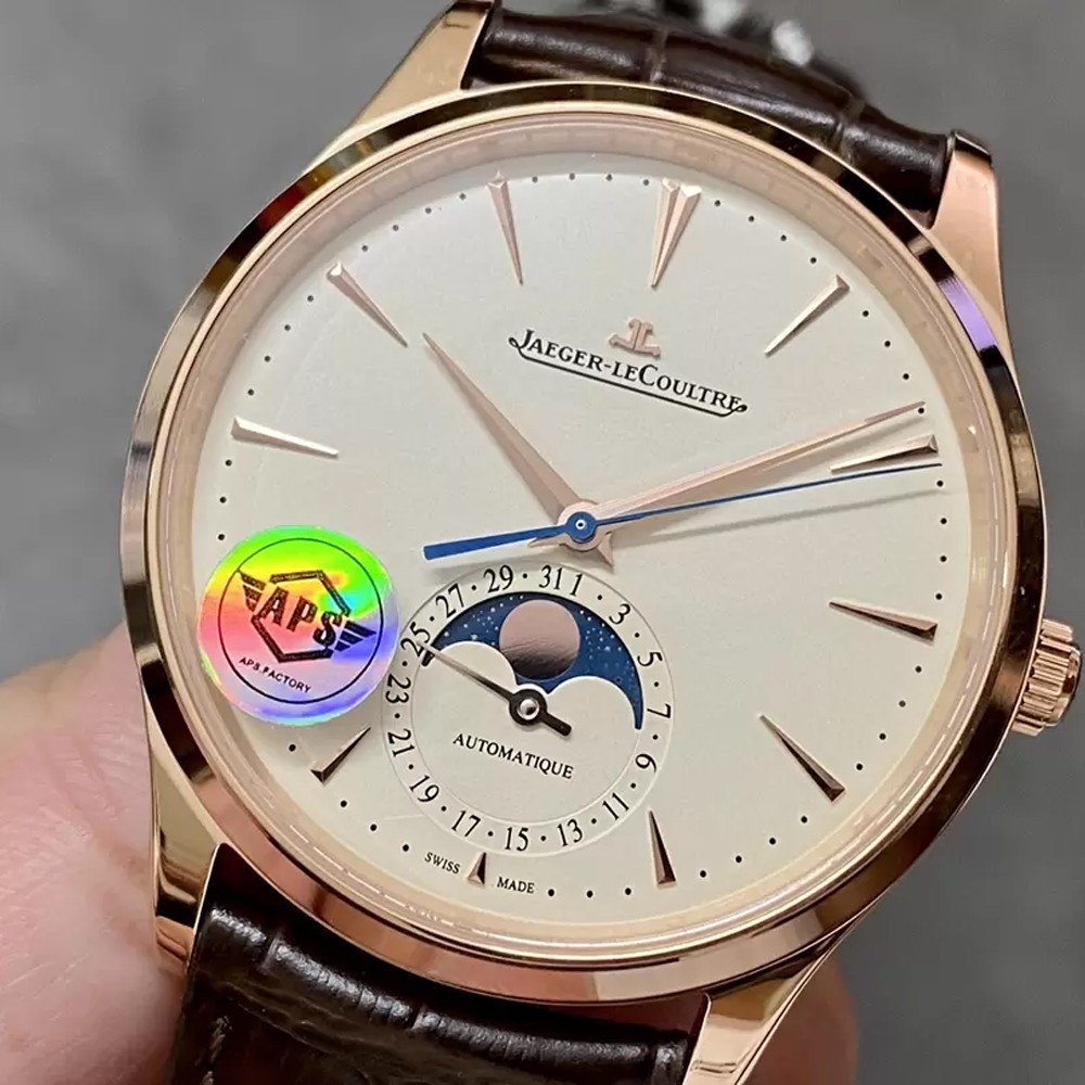 예거 르쿨트르 JL 마스터 울트라 씬 문페이즈 로즈골드 화이트 다이얼 레더 스트랩 39mm Q1362511