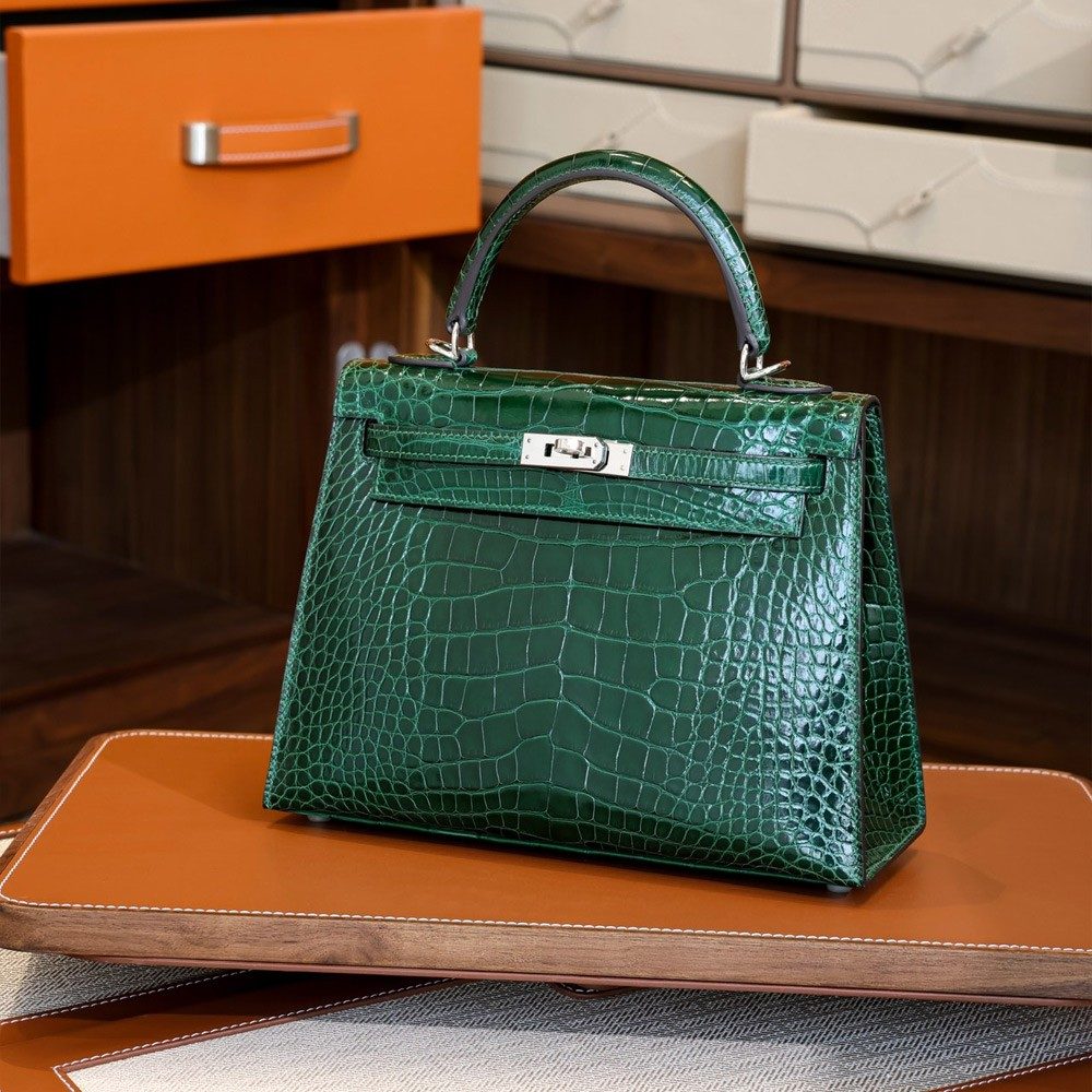 에르메스 올수공 엘리게이터 켈리 25 그린 팔라듐 하드웨어