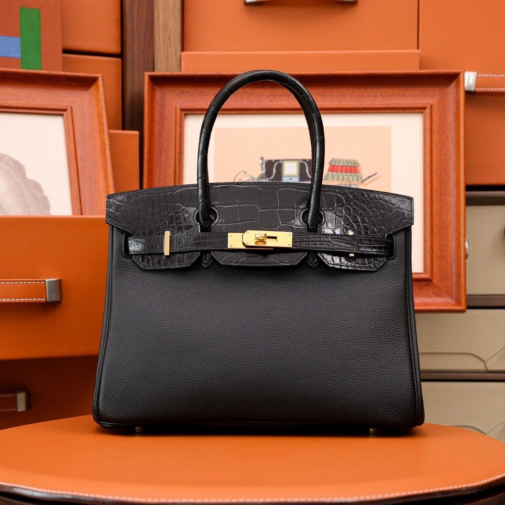 에르메스 올수공 하프 크로커다일 토고 버킨 30 블랙 골드 하드웨어