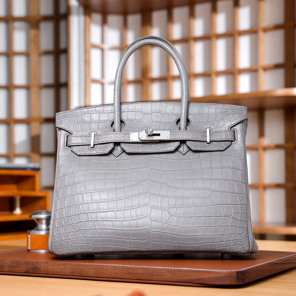 에르메스 올수공 크로커다일 버킨 30 그레이 팔라듐 하드웨어