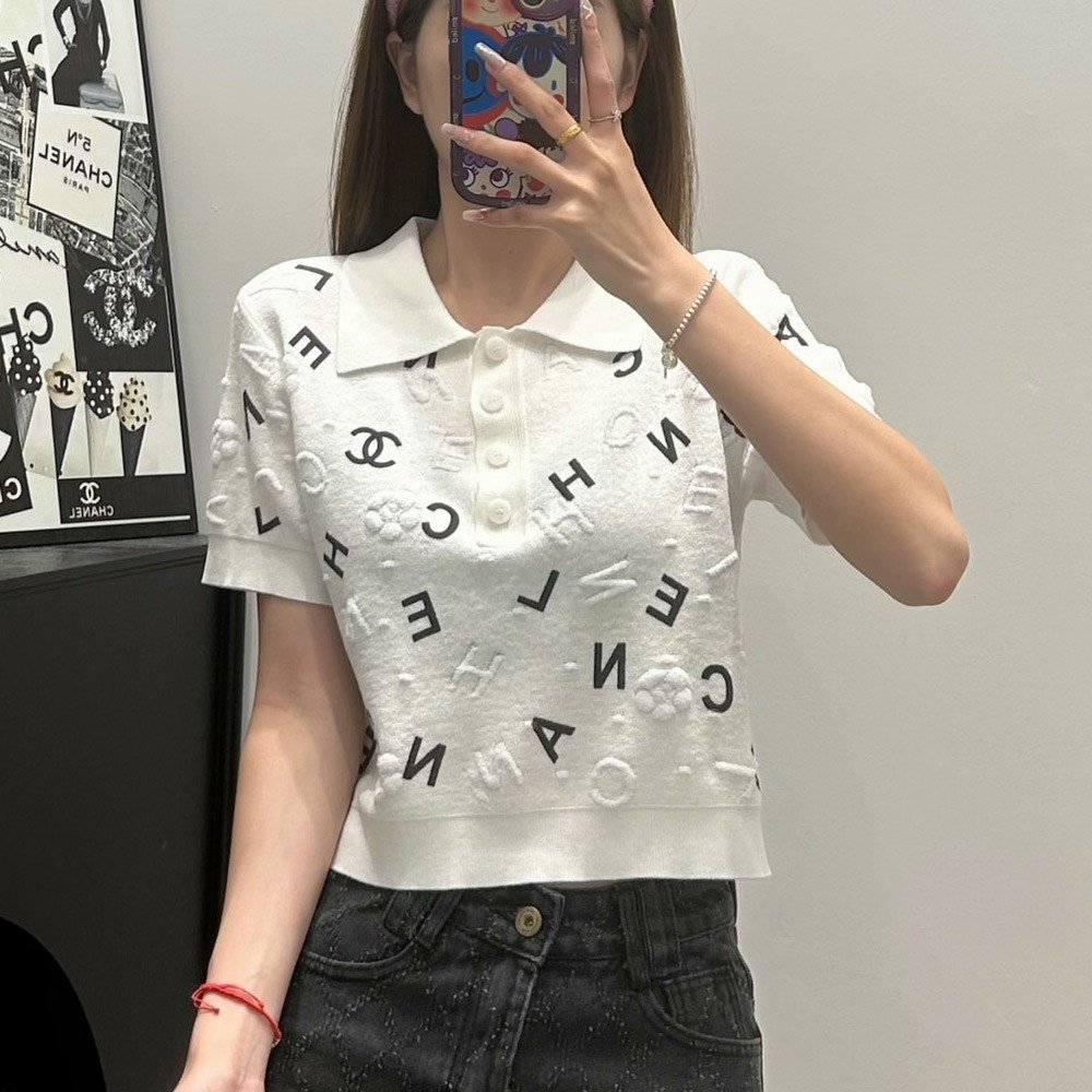 샤넬 24SS 자카드 폴로 니트 반팔 화이트