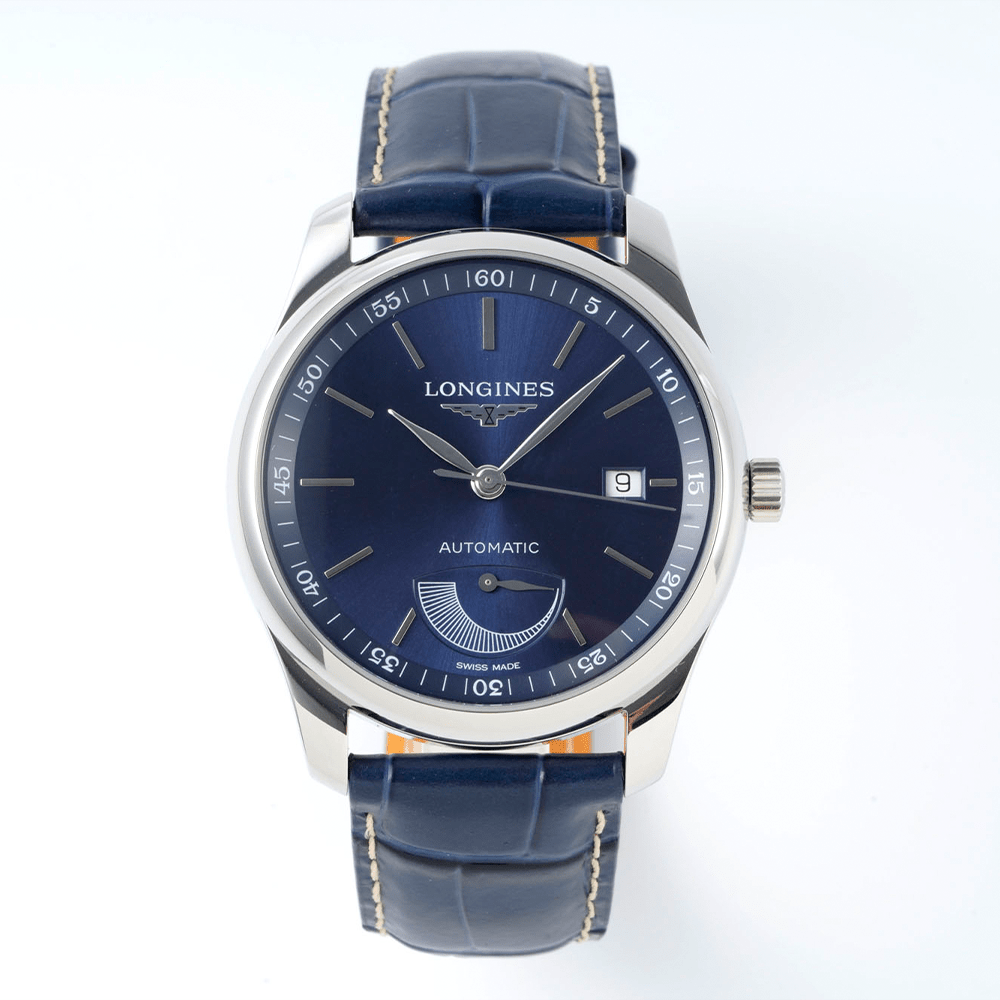 론진 워치메이킹 트래디셔널 마스터 키네틱 빅 마우스 블루 다이얼 레더 스트랩 40mm L2.908.4.92.0