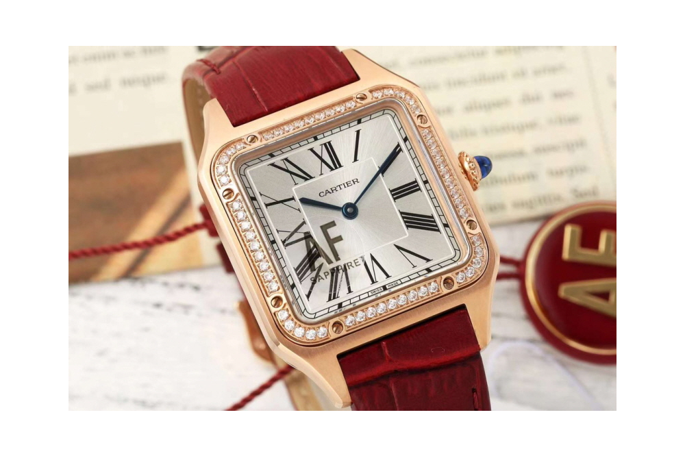 까르띠에 산토스-뒤몽 실버 다이얼 다이아 베젤 레더 스트랩 WJSA0016