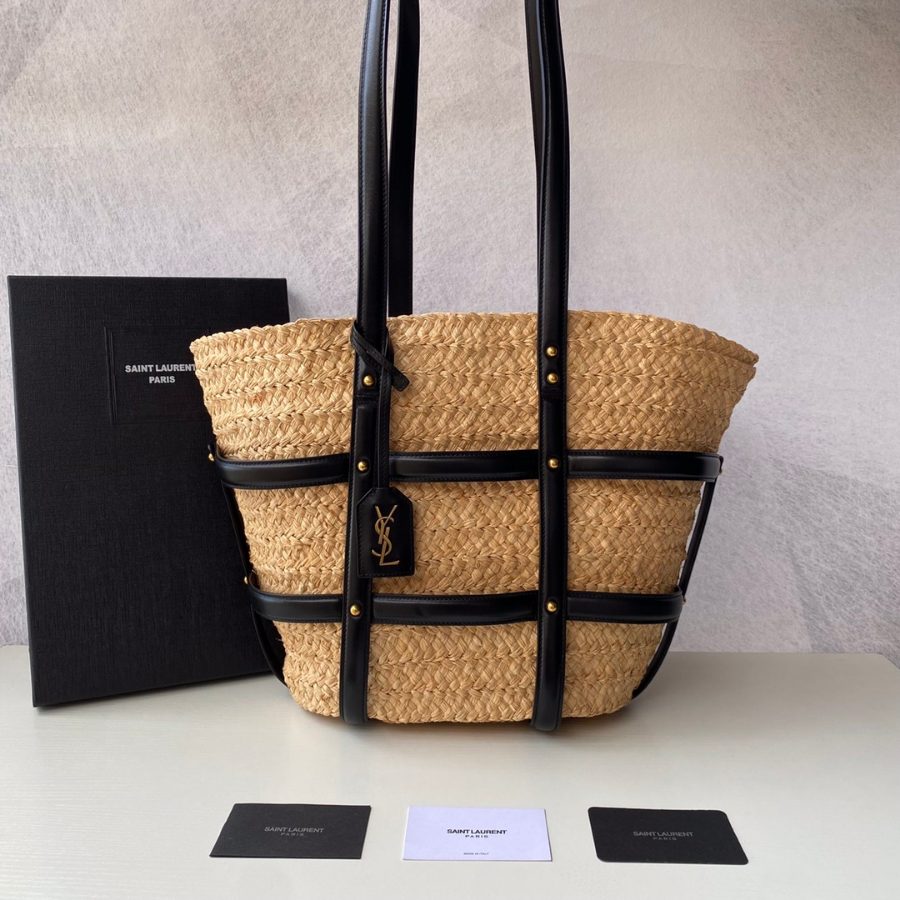 생로랑 22SS 내추럴 블랙 미디엄 라피아 파니에 백