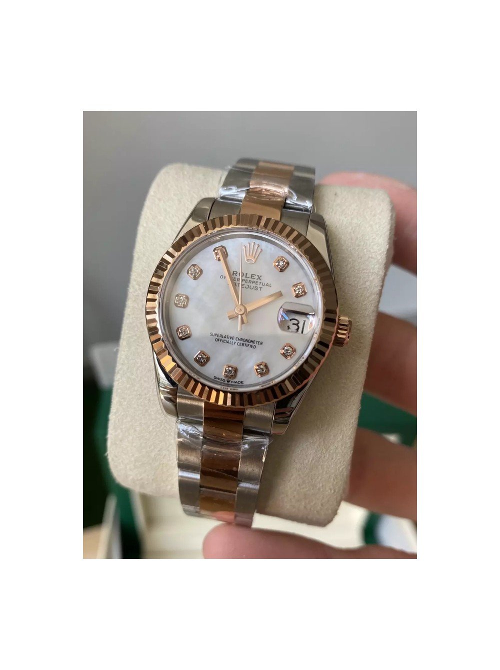 롤렉스 여성용 데이저스트 그레이 MOP 다이아몬드 다이얼 프레지던트 SS/RG 31mm 278271