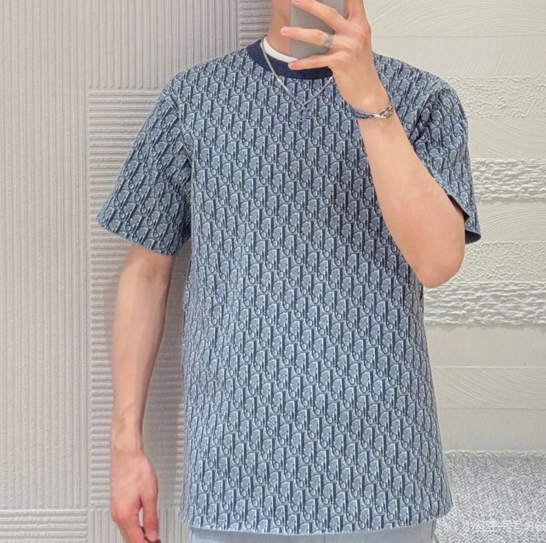디올 오블리크 캐주얼 핏 블루 코튼 자카드 티셔츠