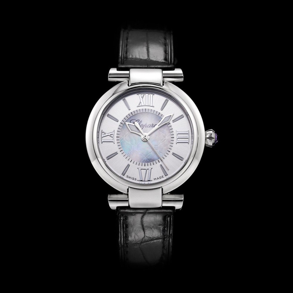 쇼파드 임페리알레 화이트 다이얼 스틸 레더 스트랩 29mm 388563-3001